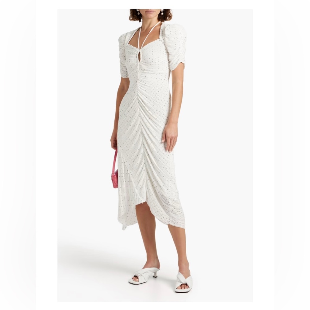 Frame Women's White Ruched Polka-dot Plissé Crepe De Chine Midi Dress